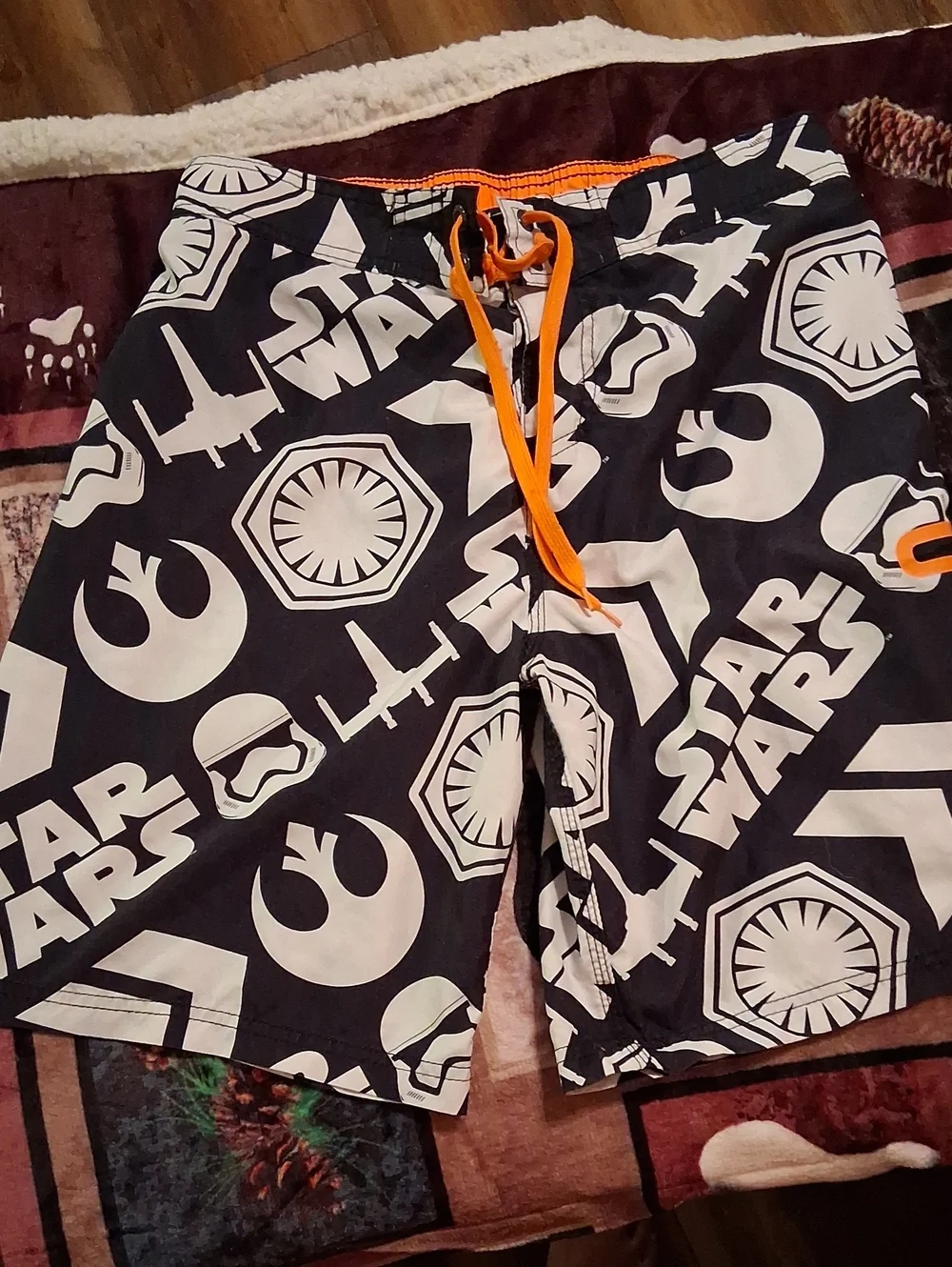 Star Wars Men’s Black and White Graphic Swim Board Shorts with Orange Drawstring